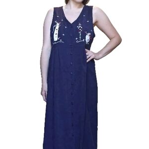 Vintage Breckenridge Jumper Dress Artsy Grandmacore Snowman Navy Blue Size M P
